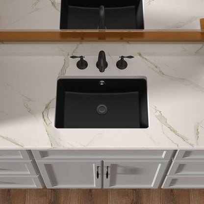 Lordear Black Undermount Bathroom Sink 18x12 Inch Black Bathroom Sinks Vanity Undermount Rectangle Porcelain Ceramic Sinks Under Counter Lavatory Sink Basin with Overflow