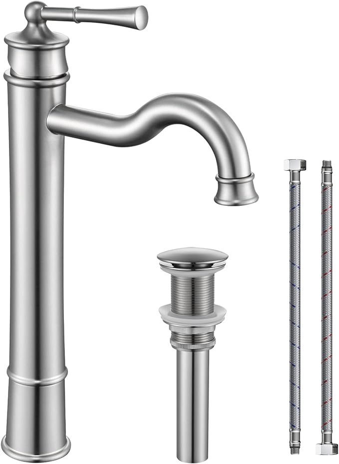 Vessel Sink Faucet Brushed Nickel Bathroom Tall Faucet Single Hole Deck-Mount Pop up Drain Assembly Without Overflow Water Supply Lines Included