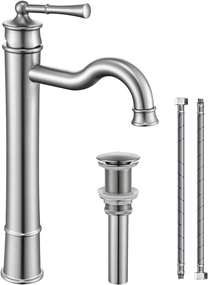 Vessel Sink Faucet Brushed Nickel Bathroom Tall Faucet Single Hole Deck-Mount Pop up Drain Assembly Without Overflow Water Supply Lines Included