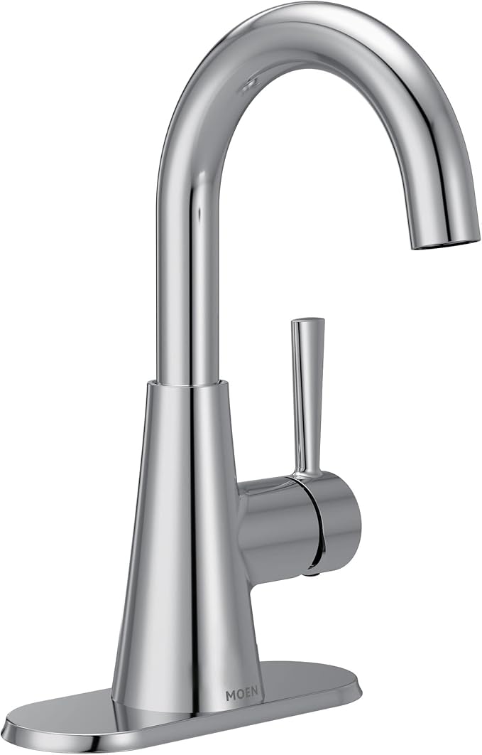 Moen Ronan Chrome One-Handle Single Hole Modern Bathroom Sink Faucet with Optional Deckplate and Spring Loaded Drain Assembly, 84021