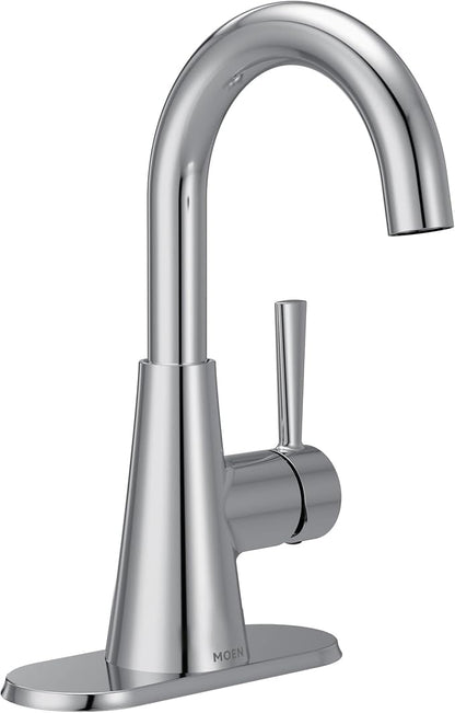 Moen Ronan Chrome One-Handle Single Hole Modern Bathroom Sink Faucet with Optional Deckplate and Spring Loaded Drain Assembly, 84021