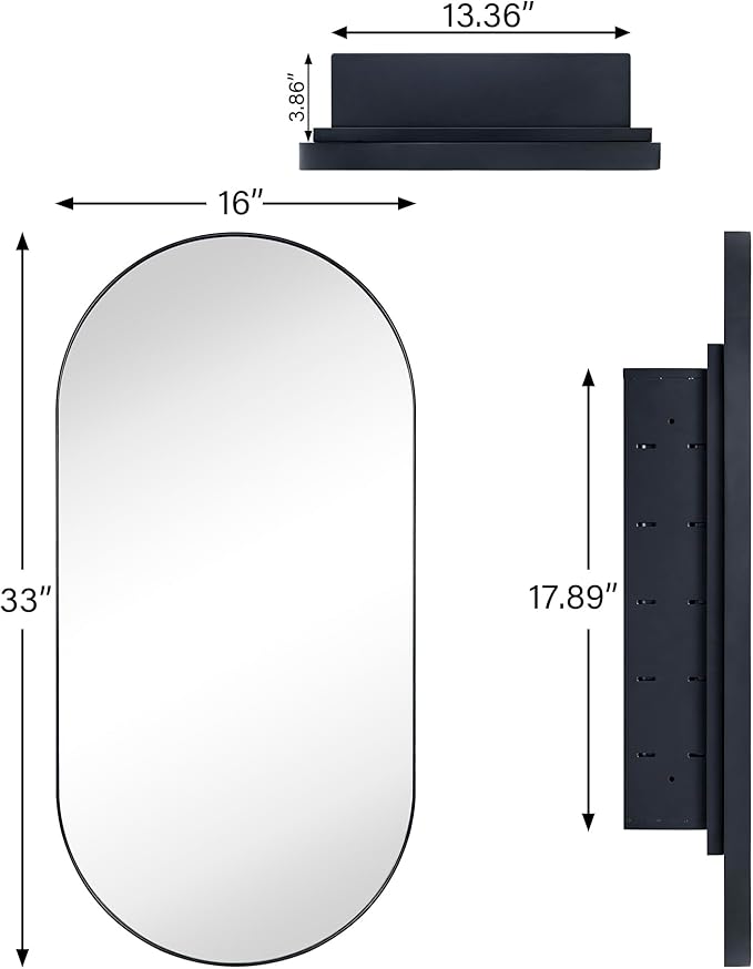 Brushed Gold Oval Recessed Bathroom Medicine Cabinet with Mirror Stainless Steel Metal Framed Oblong Pill Shaped Bathroom Cabinet with Mirror 16x33''