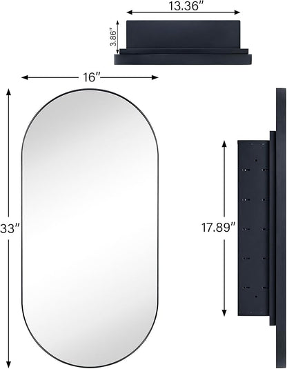 Matte Black Oval Recessed Bathroom Medicine Cabinet with Mirror Stainless Steel Metal Framed Oblong Pill Shaped Bathroom Cabinet with Mirror 16x33''