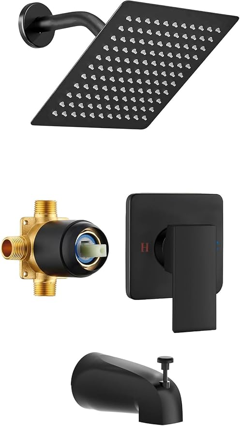 8" Square Rainfall Shower Faucet Set with Tub Spout, Matte Black | Wall Mounted, Single Handle, Rough-in Valve, 1/2" NPT, Air Pressure Boost