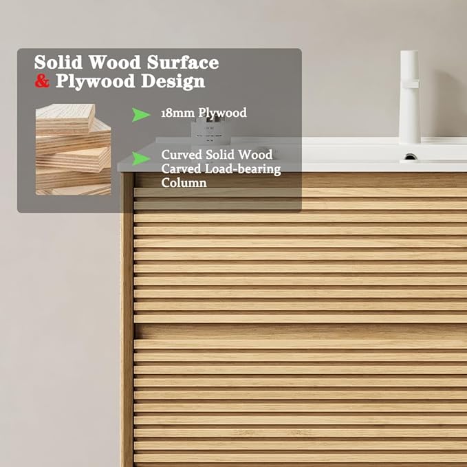 24" Floating Bathroom Vanity with Sink, Wall Mounted Modern Bathroom Cabinet with 2 Soft Close Drawers, Oak & Plywood, Pre-Assembled with Integrated Ceramic Basin – Sedona, Light Oak