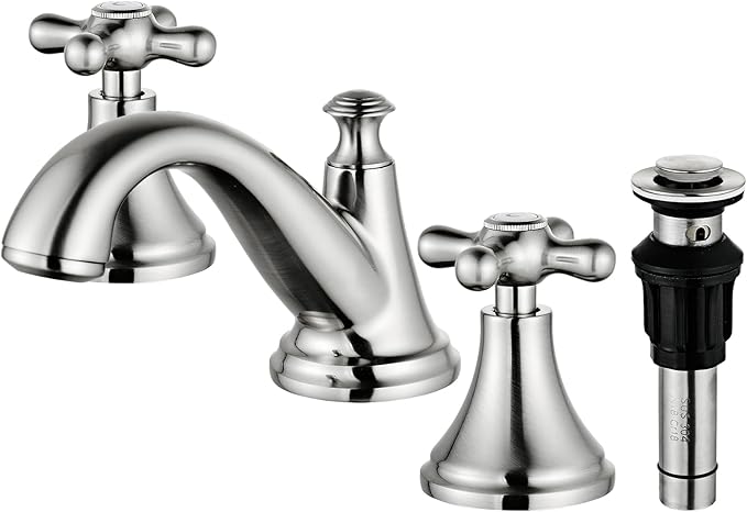 Vintage Widespread Bathroom Faucet, Brushed Nickel 3-Hole Sink Faucet with Drain Assembly, Solid Brass, Drip-Free Ceramic Cartridge, Adjustable 8-16 Inch Installation