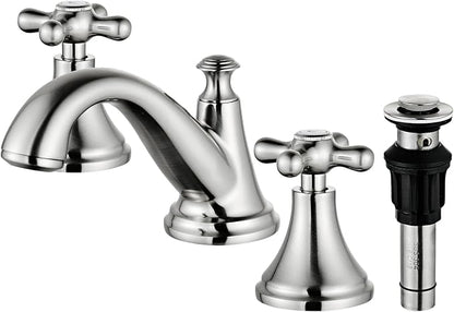 Vintage Widespread Bathroom Faucet, Brushed Nickel 3-Hole Sink Faucet with Drain Assembly, Solid Brass, Drip-Free Ceramic Cartridge, Adjustable 8-16 Inch Installation