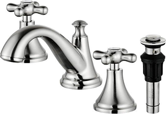 Vintage Widespread Bathroom Faucet, Brushed Nickel 3-Hole Sink Faucet with Drain Assembly, Solid Brass, Drip-Free Ceramic Cartridge, Adjustable 8-16 Inch Installation