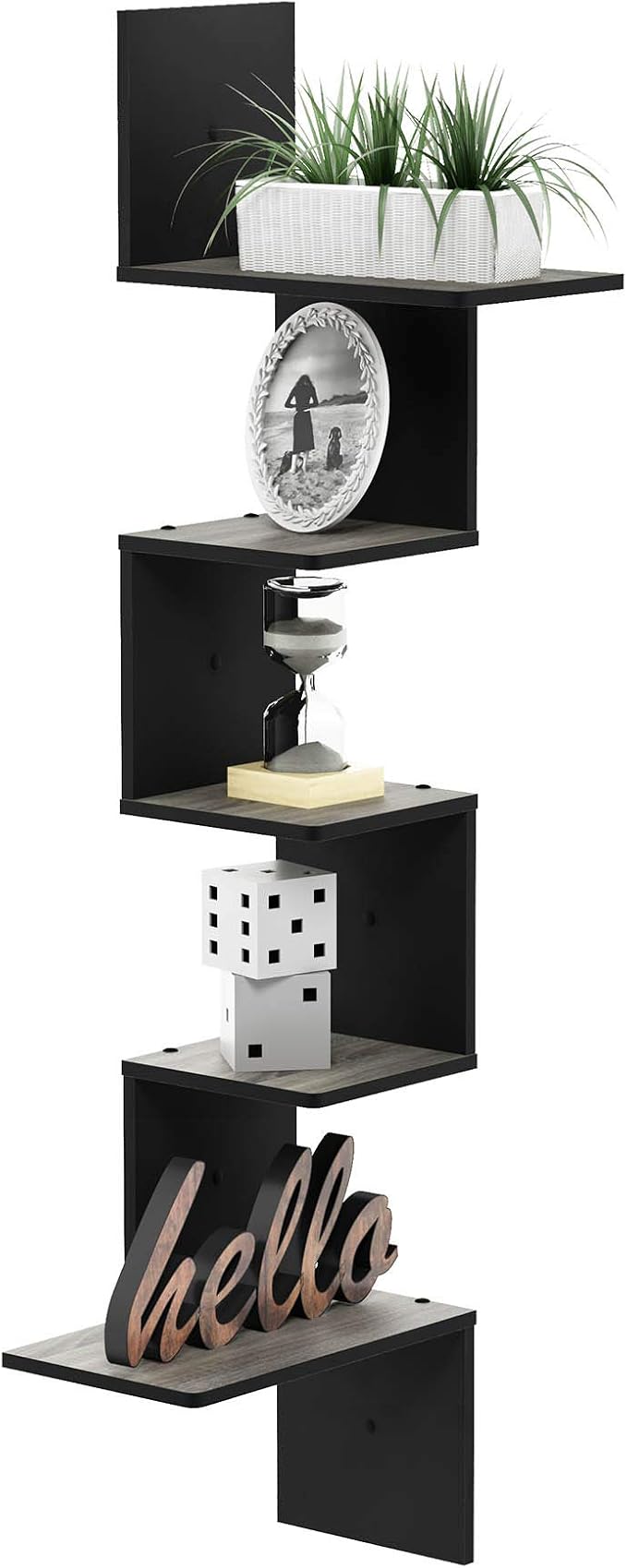 Furinno Rossi Wall Mounted Shelves, 5-Tier Rectangle, French Oak Grey/Black