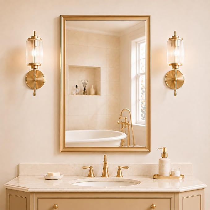 24x36 Inch Brushed Gold Bathroom Mirrors for Over Sink | Inner Arc Aluminum Frame Rectangle Vanity Mirror for Bedroom Living Room Entryway, HD Tempered Glass, Anti-Rust