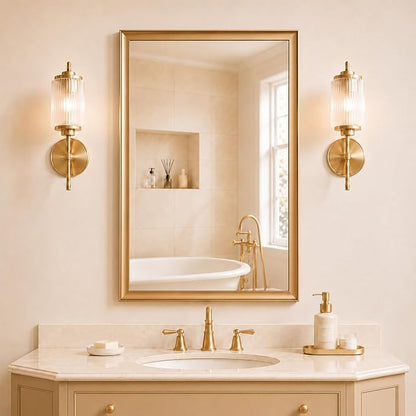 24x36 Inch Brushed Gold Bathroom Mirrors for Over Sink | Inner Arc Aluminum Frame Rectangle Vanity Mirror for Bedroom Living Room Entryway, HD Tempered Glass, Anti-Rust