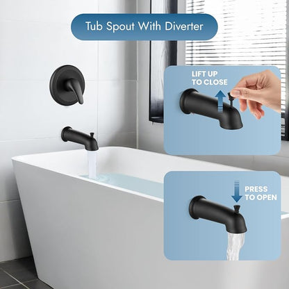 Bathtub Shower Faucet Set Wall Mounted 6 Inch 5-Spray Rainfall Shower Head with Rough-in Valve Single Handle Control Shower Trim Kit with Tub Spout, Matte Black