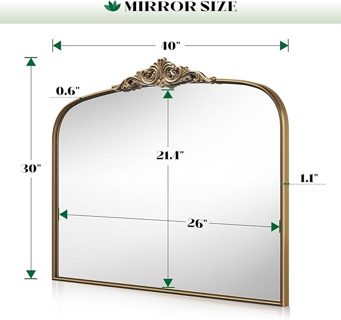 Arched Antique Gold Wall Mirror, 30" Lx40 W Vintage Bathroom Vanity Mirror Over Sink, Ornate Arched Brass Wide Large Wall Mirrors for Bedroom, Livingroom, Entryway (Retro Gold, 30" Lx40 W)