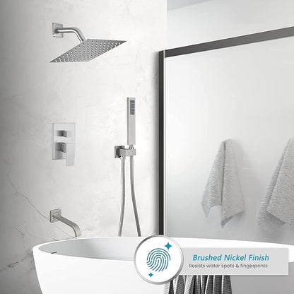 Brushed Nickel Shower System Bathroom Shower Faucet Set with Tub Spout Wall Mounted 8 Inch Shower Head and Handle Set with Handheld 3 Function Tub and Shower Trim Kit with Valve