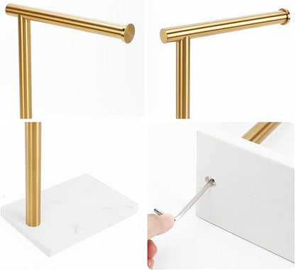 Hand Towel Holder, Hand Towel Stand for Bathroom with Marble Base, 304 Stainless Steel L Shape Hand Towel Rack Bar Standing for Vanity Kitchen Countertop, Brushed Gold