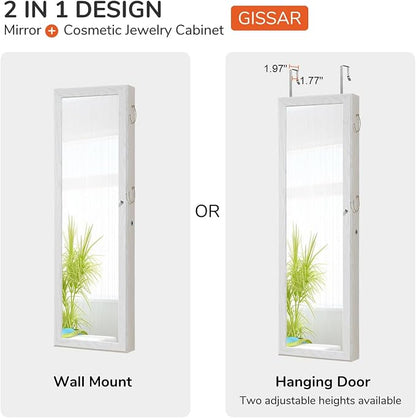 GISSAR Jewelry Mirror Armoire Wall Mount Over The Door Mirror Jewelry Cabinet Storage Mirror Organizer Lockable Full Length Door Mirror(White Oak)