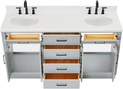 ARIEL Hepburn 66-inch Bathroom Vanity with Sink,Solid Wood, 1.5-inch Pure White Quartz Countertop & Backsplash, Double Oval Porcelain Sink, 4 Soft Closing Doors, 6 Dovetail Drawers, Grey