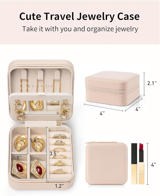 VLANDO Travel Jewelry Case with Mirror, Storage 3 Pairs of Stud Earrings | Necklace Hook for Anti-tangle, Removable Dividers, Waterproof PU Leather,Portable Storage for Rings, Necklace Gifts for Women