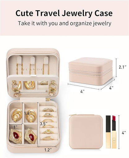 VLANDO Travel Jewelry Case with Mirror, Storage 3 Pairs of Stud Earrings | Necklace Hook for Anti-tangle, Removable Dividers, Waterproof PU Leather,Portable Storage for Rings, Necklace Gifts for Women