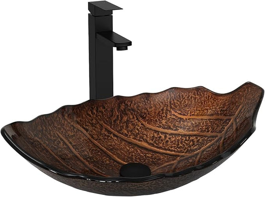 Bathroom Leaf Shape Artistic Glass Vessel Sink Free Black Faucet and Pop-up Drain Set, Brown