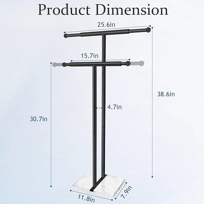 Kayfia 40'' Stainless Steel Towel Rack, Weighted Marble Base, 2 Tier | Width Adjustable Taller Design, Brushed Stainless Steel , Stable Weighted Base, Suitable For Multiple Bathroom Spaces, Black