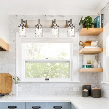 Bathroom Vanity Lighting Fixtures 4 Lights,Brushed Nickel Bathroom Vanity Lights with Clear Hammered Shade Wall Sconce Lighting Modern Farmhouse Bath Lighting