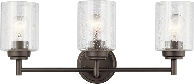 Kichler Winslow 3-Light Farmhouse Vanity Light, Olde Bronze | Clear seeded glass vanity light for bathroom mirrors (21.5" x 9.25"), 45886OZ