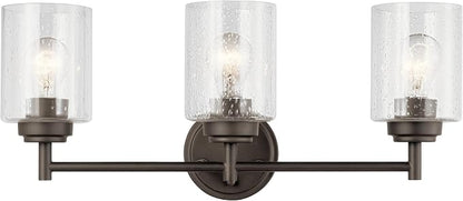 Kichler Winslow 3-Light Farmhouse Vanity Light, Olde Bronze | Clear seeded glass vanity light for bathroom mirrors (21.5" x 9.25"), 45886OZ