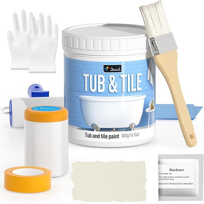 DWIL Tile Paint, Tub and Tile Refinishing Kit with Tools, Bathtub Paint Water Based &Low Odor, Easy to Use for Bathroom Kitchen, Semi-Gloss Vanilla White