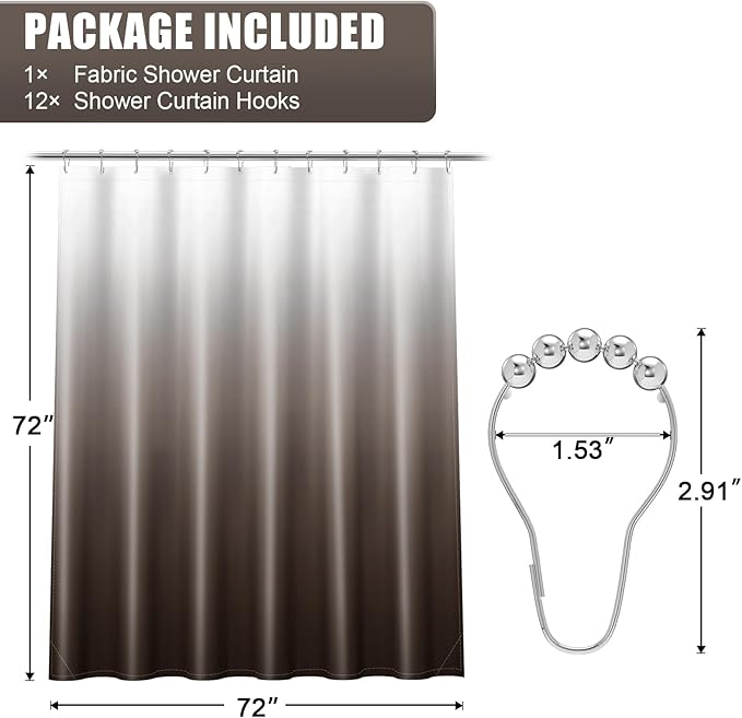 OLANLY Luxury Light Brown and White Ombre Shower Curtain Sets with 12 Hooks, Waterproof and Washable Decorative Shower Curtains for Bathroom, 72x72 Inches
