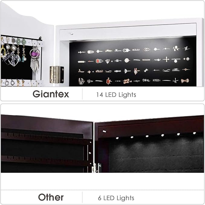 Giantex Jewelry Armoire Organizer with Full Length Mirror, 14 LEDs Floor Standing Jewelry Cabinet with 2 Drawers, 4 Adjustable Angles, Lockable Jewelry Storage Box Cabinet (White)