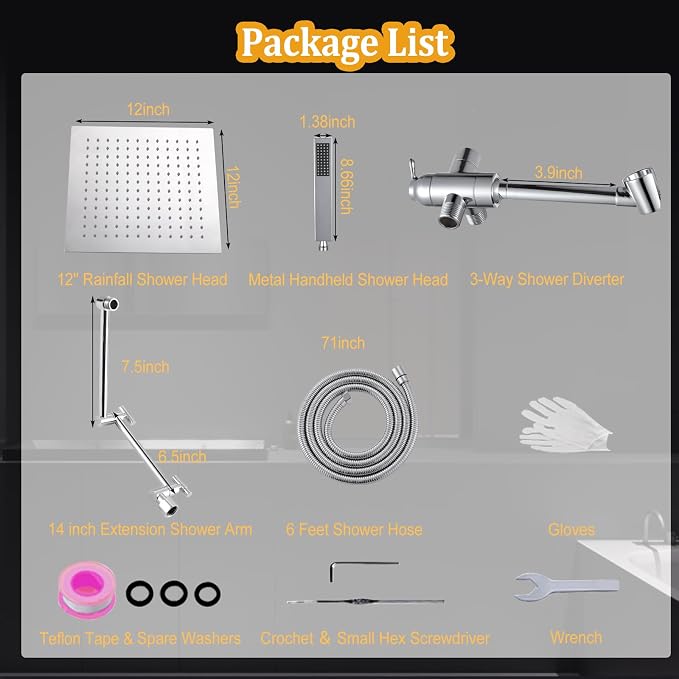 All Metal 12" Rainfall Shower Head with Handheld Spray Combo, High Pressure Rain Shower Heads with Adjustable Extension Arm, Wide Dual Waterfall Showerhead, Extra Long Shower Hose - Polished Chrome