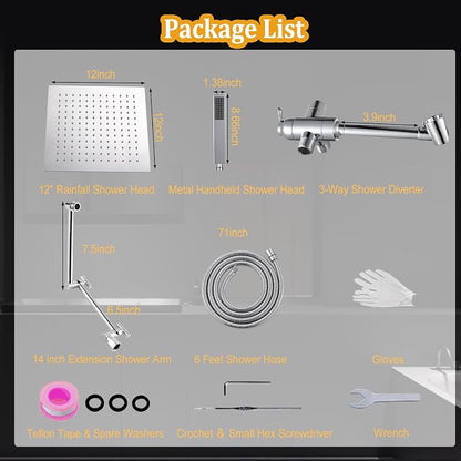 All Metal 12" Rainfall Shower Head with Handheld Spray Combo, High Pressure Rain Shower Heads with Adjustable Extension Arm, Wide Dual Waterfall Showerhead, Extra Long Shower Hose - Polished Chrome