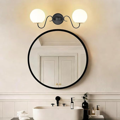 2 Lights Vintage Bathroom Vanity Light Fixtures Over Mirror, Matte Black Vanity Lights For Bathroom With Milk White Glass Globe Shade, Wall Lights For Bedroom, Hallway, Dressing Table(Includ G9 Bulbs)