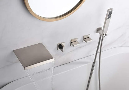 Wall Mount Tub Faucet Brushed Nickel with Hand Shower and Wide Waterfall Spout High Flow Rate, SUMERAIN
