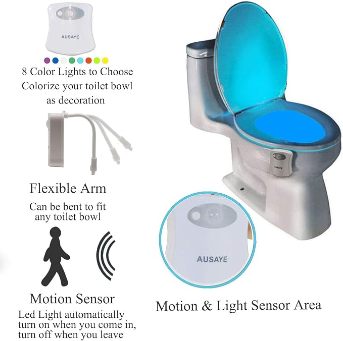 AUSAYE 2 Pack Toilet Light 8 Colors Change Led Nightlight, Motion Sensor Activated Toilet Bowl Night Lights, Bathroom Night Light for Mom Dad Kids Women