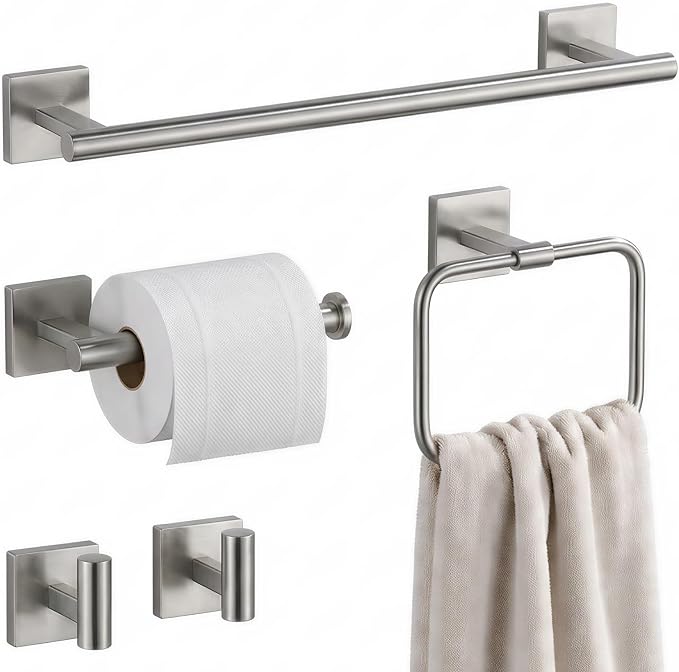 16 in 5-Piece Bathroom Hardware Set, Brushed Nickel | SUS304 stainless steel, towel bar, towel ring, toilet paper holder, 2 robe hooks, hidden screw mount