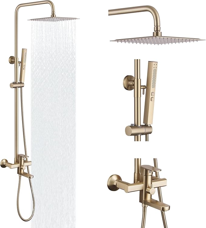 Exposed Shower System 10" Brushed Gold Rainfall Shower Head with 2 Modes Handheld and Tub Faucet Set, Square Shower Head 3 Functions Outdoor Shower Fixtures with Brass Valve, Height Adjustable