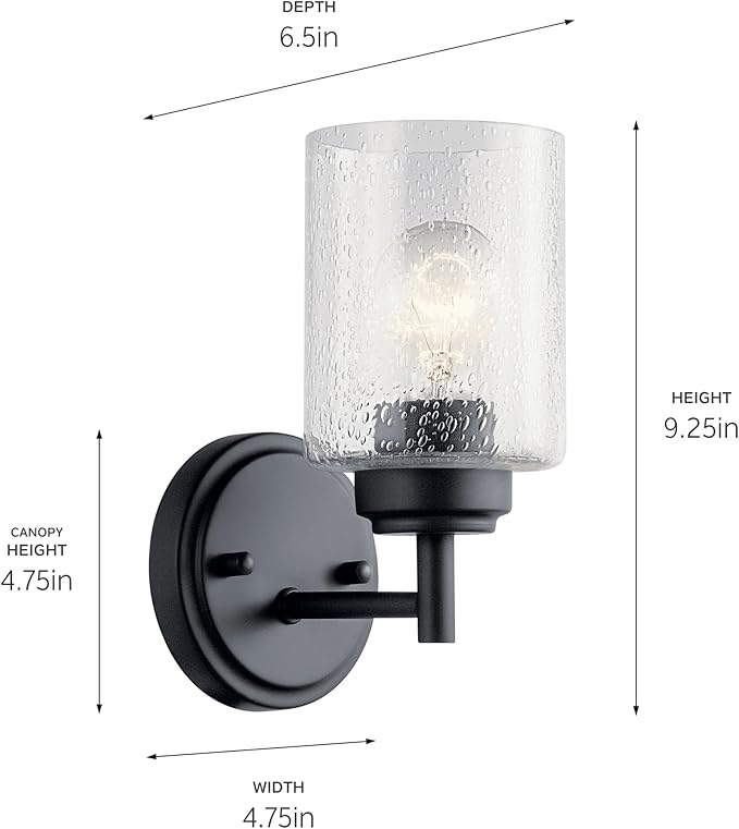 Kichler Winslow 9.25" 1-Light Wall Sconce with Clear Seeded Glass in Black for Bathroom Vanity, Kitchen, Living Room, Dining Room, Bedroom, Mudroom, Hallway, Stairwell, 45910BK
