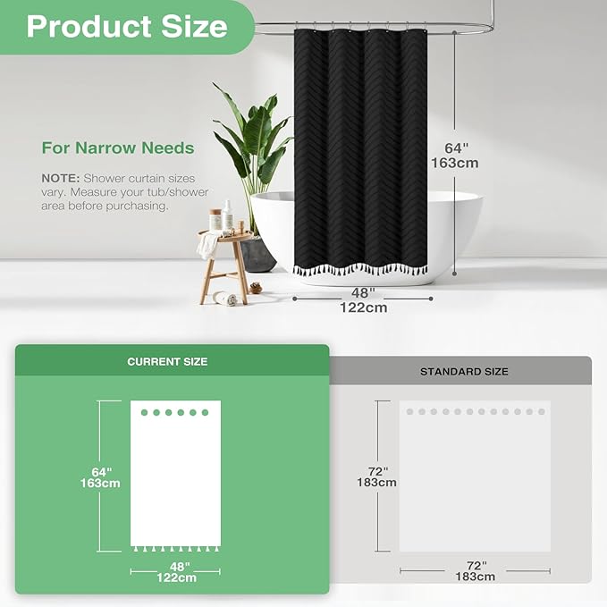 Dynamene Stall Fabric Shower Curtain, 48x64 Inch Boho Tufted Chevron Striped Shower Curtains for Bathroom, Minimalist Heavy Duty Cloth Shower Curtain Set with 8 Hooks, Machine Washable, Black