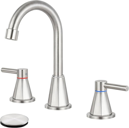 Bathroom Faucets for Sink 3 Hole 8 Inch Widespread 2 Handle Bathroom Faucet with Pop-up Drain and 360° Swivel Spout,Brushed Nickel