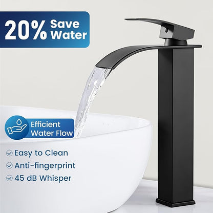 Airuida Vessel Sink Faucet, Matte Black Tall Waterfall Bathroom Faucet | Single Handle,Tall Bathroom Faucet 1 Hole,Vanity Faucet,without Drain,Bowl Bathroom Faucet