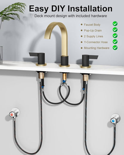 Gold and Black 3 Hole Bathroom Faucet,8" Widespread Vanity Faucet | 2 Handle Waterfall Bathroom Sink Faucet with Pop-Up Drain,Supply Lines,360° Swivel Spout,Lead-Free Stainless Steel,Deck Mount