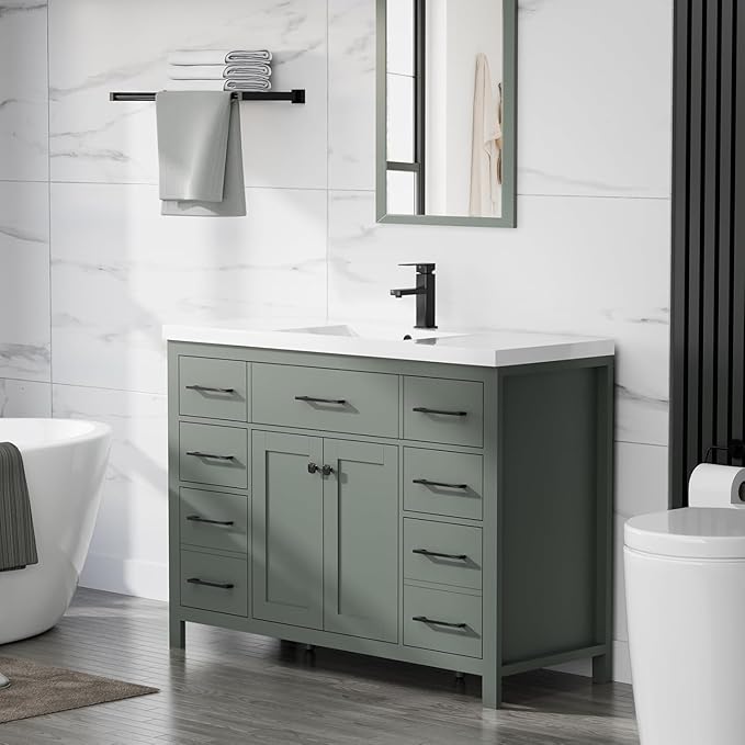 LUCKWIND 48" Modern Bathroom Vanity with Sink Combo, Contemporary Painted Storage Cabinet and Single White Sink, Include Soft-Closing Doors & Matte Black Faucet, Green