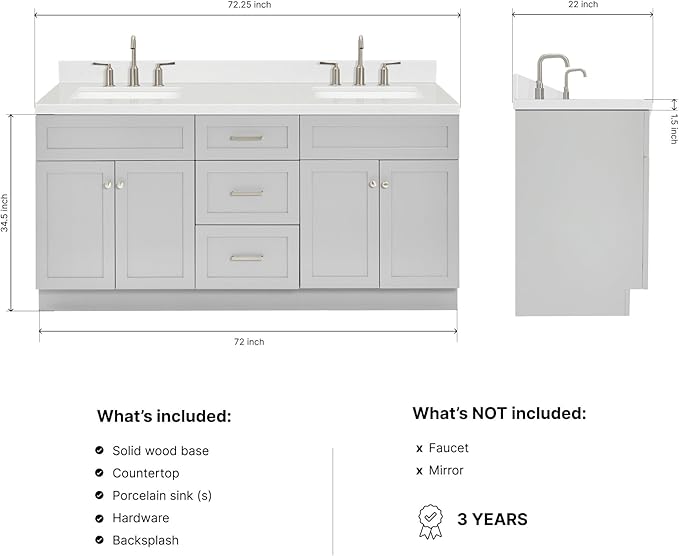 DKB Bradford 72 Inch Bathroom Vanity Double Sink — Grey Bathroom Vanity with Sink, 1.5" Edge Carrara White Countertop & Backsplash, 4 Soft-Close Doors, and 3 Dovetail Drawers