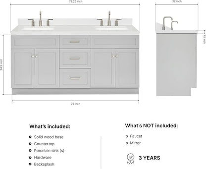 ARIEL Hamlet 72-inch Bathroom Vanity with Sink,Solid Wood, 1.5-inch Carrara White Quartz Countertop & Backsplash, Double Rectangular Porcelain Sink, 4 Soft Closing Doors, 3 Dovetail Drawers, Grey