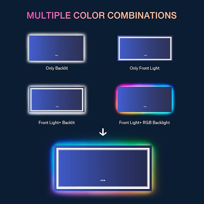 60x28 Inch RGB LED Bathroom Mirror with Lights | Front and RGB Backlit, Dimmable, Memory, Anti Fog, Shatterproof, Horizontal/Vertical, Lighted Mirrors for Bathroom Wall