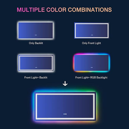60x28 Inch RGB LED Bathroom Mirror with Lights | Front and RGB Backlit, Dimmable, Memory, Anti Fog, Shatterproof, Horizontal/Vertical, Lighted Mirrors for Bathroom Wall