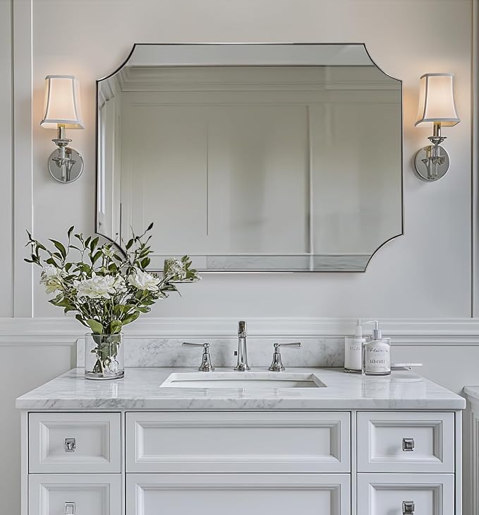 30x40 Inch Chrome Mirror, Scalloped Bathroom Mirror, Polished Chrome Framed Mirror in Anti-Rust Stainless Steel Metal Thin Frame Deep 1’’, Large Wall-Mounted Mirror (Horizontal/Vertical)
