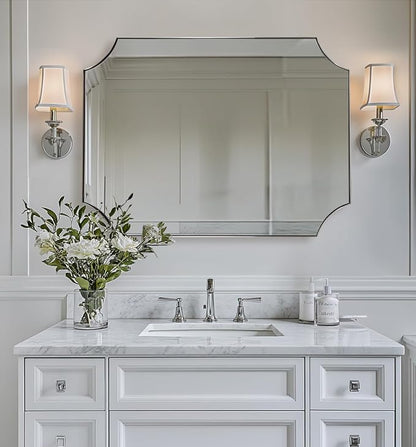 30x40 Inch Chrome Mirror, Scalloped Bathroom Mirror, Polished Chrome Framed Mirror in Anti-Rust Stainless Steel Metal Thin Frame Deep 1’’, Large Wall-Mounted Mirror (Horizontal/Vertical)